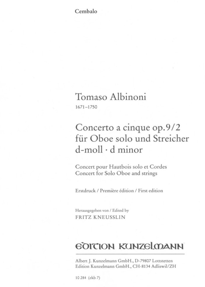 T. Albinoni: Konzert d-moll op 9/2<br>Oboe + Orchester - Cembalo