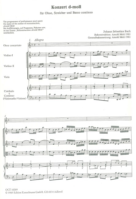 J.S. Bach: Konzert d-moll BWV 1059 für<br>Oboe, Streichorch.+BC  Part. Kunzelmann