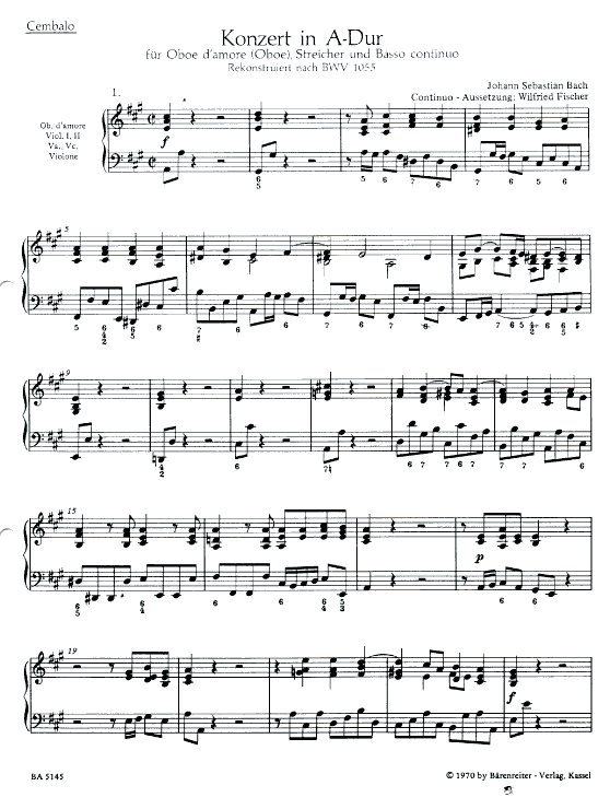 J.S. Bach: Konzert A-Dur BWV 1055<br>Oboe d&acute;amore -Stimmen (1/1/1/1+BC)/BA