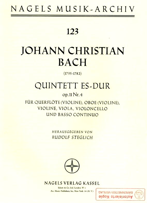 J.C. Bach: Quintett Es-Dur Op.11 No.4<br>Flte, Oboe, Violine Viola+BC/ Kopie