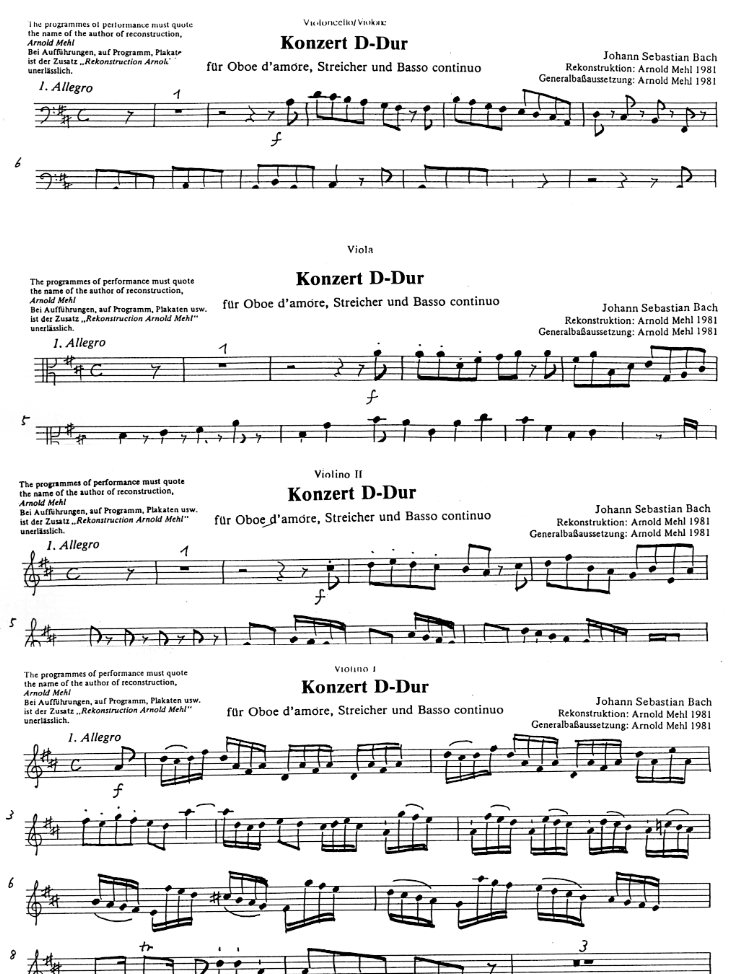 J.S. Bach: Konzert D-Dur BWV 1053<br>Oboe d&acute;amore + Streicher / je Stimme