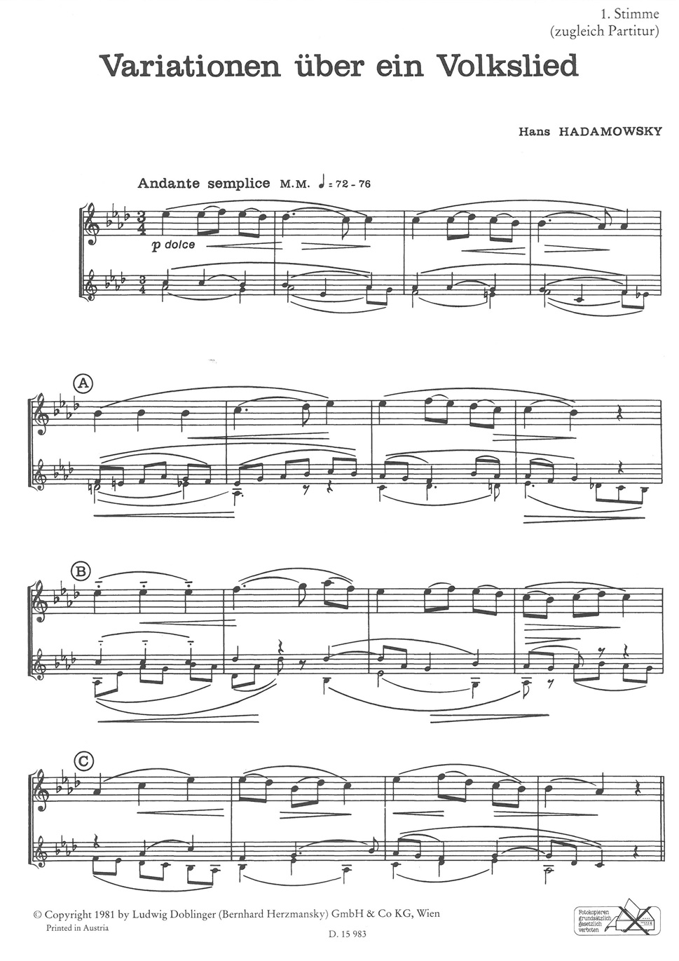 H. Hadamowsky(1906-1986): Variationen<br>�ber ein Volkslied - 2 Oboen + Engl. Hor