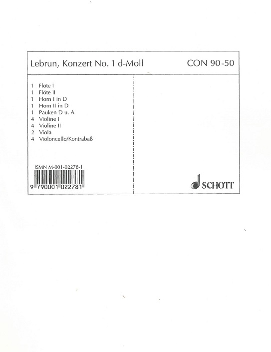 Lebrun: Konzert No. 1 d-moll fr Oboe +<br>Orch. - Stimmen (4.4.2.4/Blser+Pauke)
