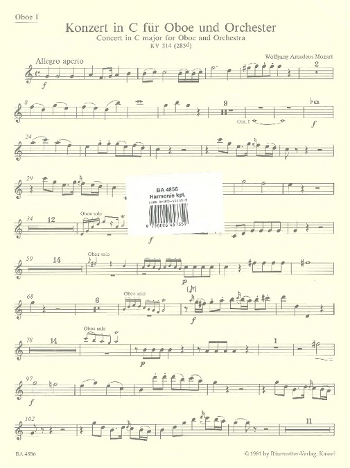 W.A. Mozart: Konzert C-Dur<br>Oboe+Orchester -Stimmen/Harmonie/BA