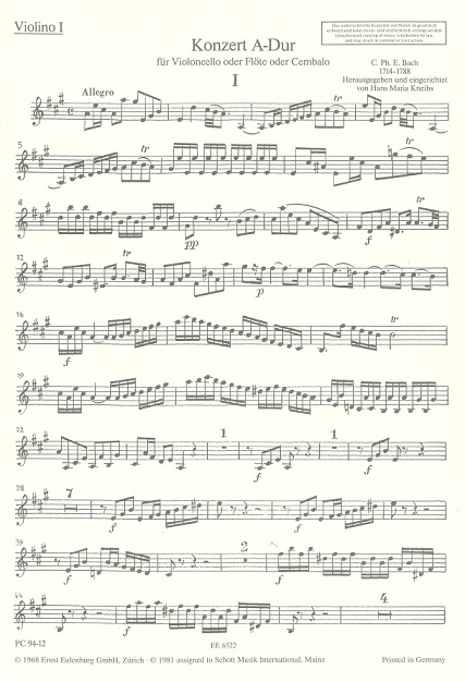 C.Ph.E. Bach: Konzert A-Dur Wq 172<br>Fagott + Orch. - Streicher je Stimme