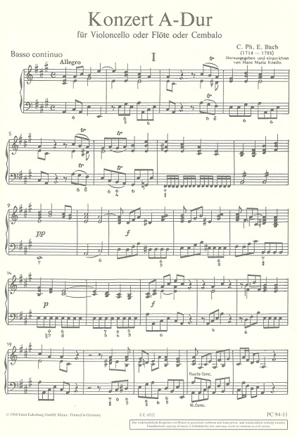 C.Ph.E. Bach: Konzert A-Dur Wq 172<br>Fagott + Orch. - Stimme BC