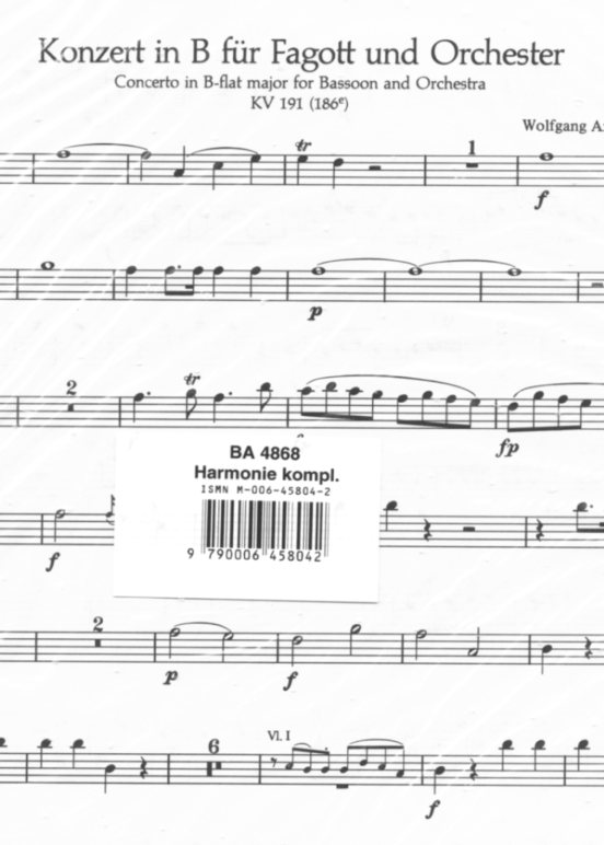 W.A. Mozart: Konzert B-Dur Fagott +<br>Orchester KV 191 / Stimmen Harmonie
