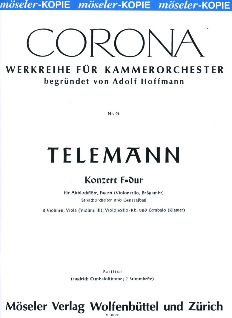 G.Ph. Telemann: Konzert F-Dur für Fagott<br>+ Altblockflöte - Partitur