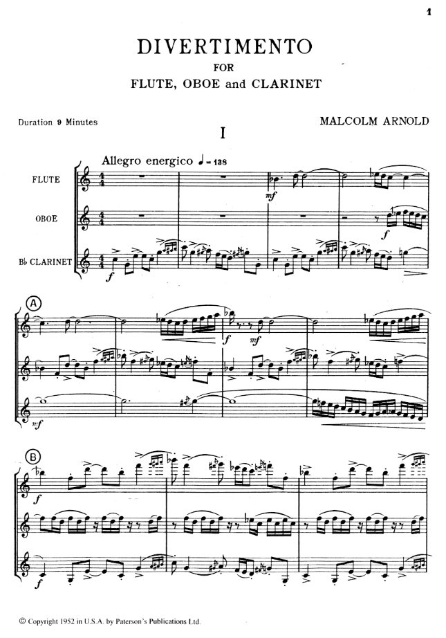M. Arnold: Divertimento for Wind Trio<br>op. 37 / Fl., Oboe, Klar. - Partitur