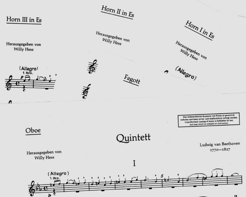 L.v. Beethoven: Quintett Es-Dur op. 16<br>für Oboe, 3 Hörner + Fagott - Kopien