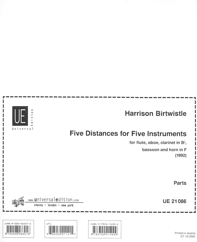 H. Birtwistle: &acute;Five Distances&acute; (1992)<br>für Holzbläserquintett - Stimmen