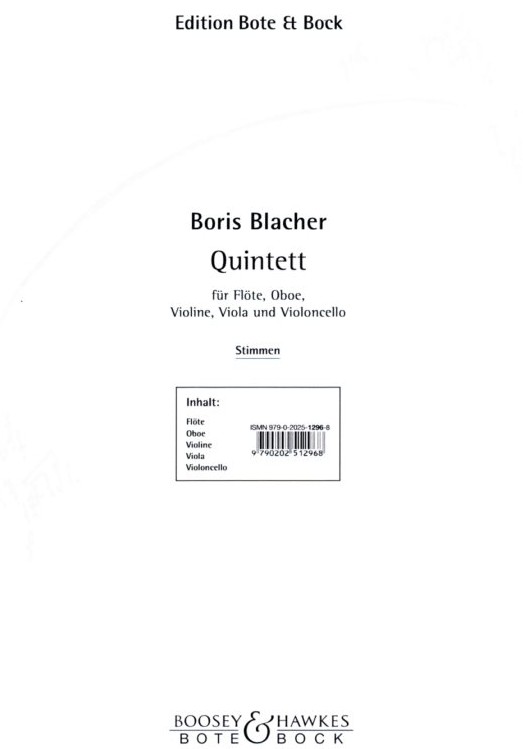 B. Blacher(1903-75): Quintett (1973/74)<br>für Flöte, Oboe, Vl. Va. Vc. - Stimmen