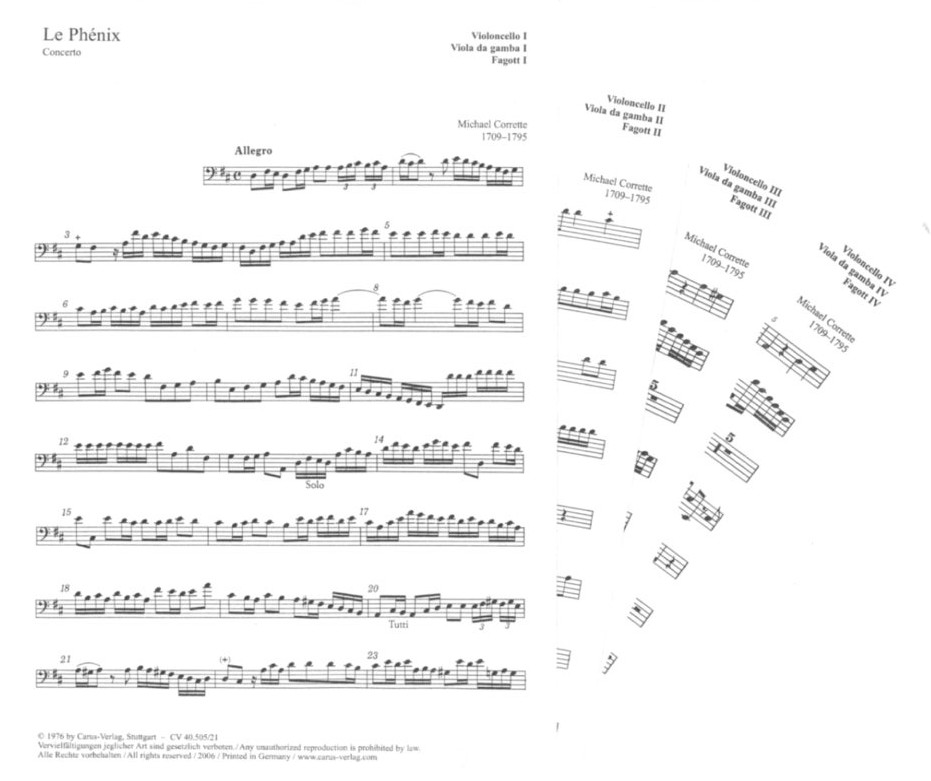M. Corette: Le Phenix - 3-4 Fagotte<br>und Cembalo - Fagottstimmen 1 - 4