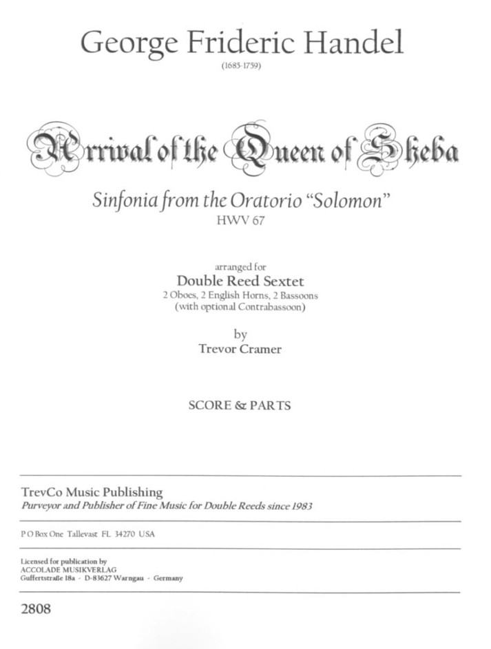 G. Händel:  Arrival of Queen Sheba<br>2 Oboen, 2 Engl.Hörner, 2 Fag. St+Part.
