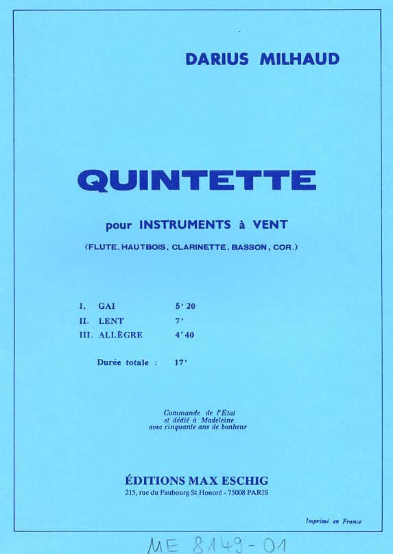 D. Milhaud: Quintett op. 443 fr<br>Holzblserquintett - Stimmen