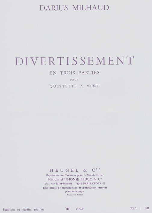 D. Milhaud: Divertissement op. 299 b für<br>Holzbläserquintett - Stimmen + Partitur