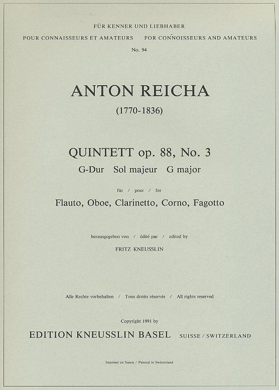A. Reicha Quintett G-Dur op. 88/3<br>für Bläserquintett - Stimmen