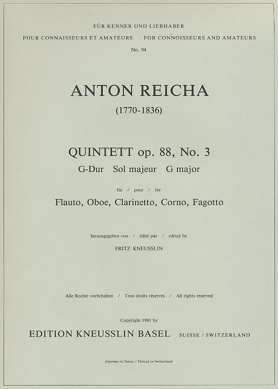 A. Reicha Quintett G-Dur op. 88/3<br>fr Blserquintett - Stimmen