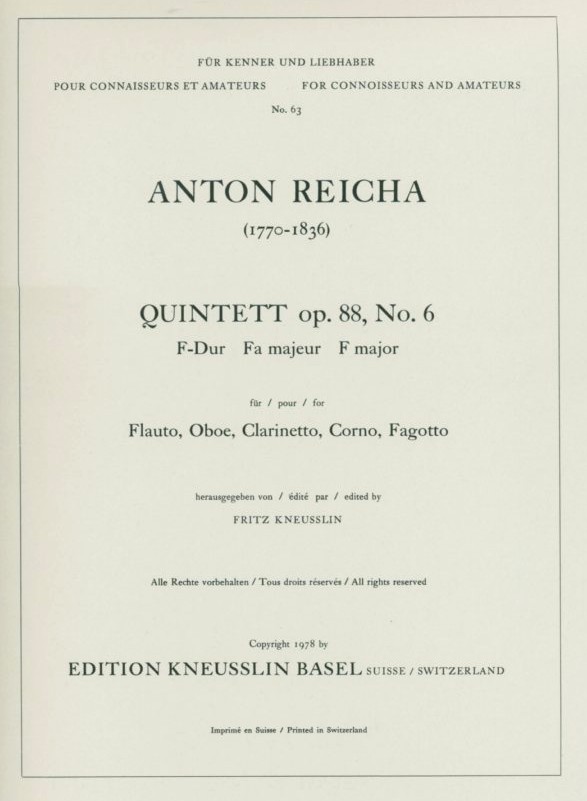 A. Reicha Quintett F-Dur op. 88/6<br>für Bläserquintett - Stimmen