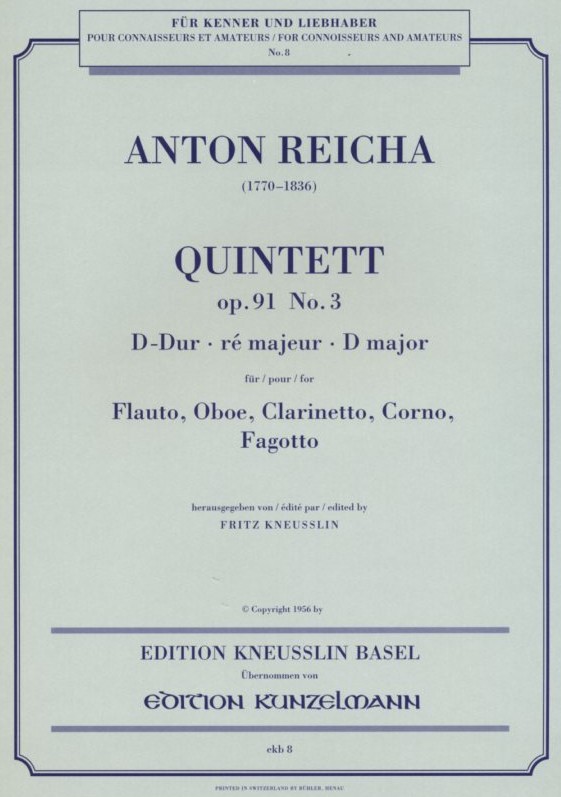 A. Reicha Quintett D-Dur op. 91/3<br>für Bläserquintett - Stimmen