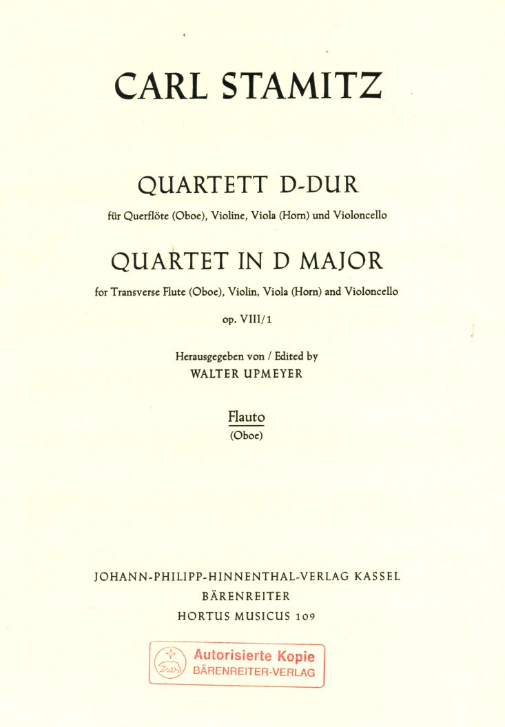 C. Stamitz: Quartett D-Dur op. 8/1 für<br>Oboe, Violine, Viola + Vc / Verlagskopie