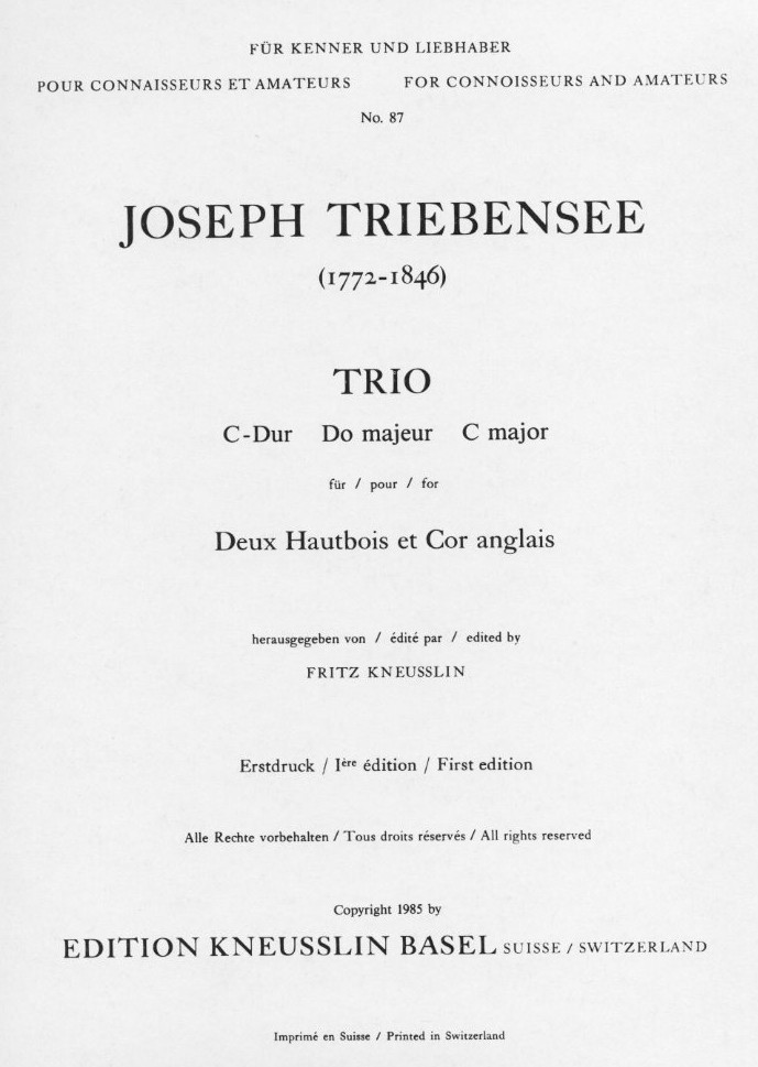 J. Triebensee: Trio C-Dur fr<br>2 Oboen + Engl. Horn - Stimmen