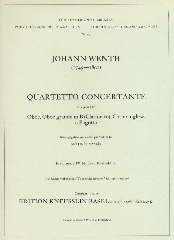 J. Wenth: &acute;Quartette Concertante&acute; B-Dur<br>Oboe, Klar., Engl. Horn, Fag. / Stimmen